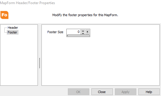 Map form header/footer properties dialog. Footer is selected from the tree on the left. On the right, you can specify the footer size.